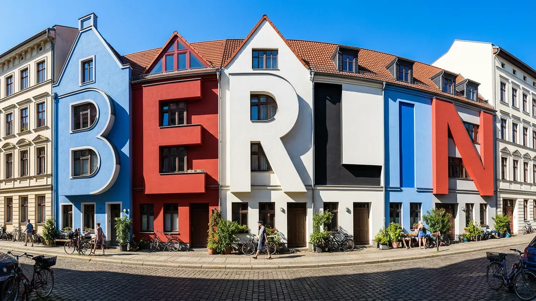 View of a cozy street in Berlin on a bright sunny day, stark shadows. the old houses are oddly shaped like letters that spell out "BERLIN" Colored in Blue, Red, White and black. The houses still look like houses and the resemblance to letters is subtle.