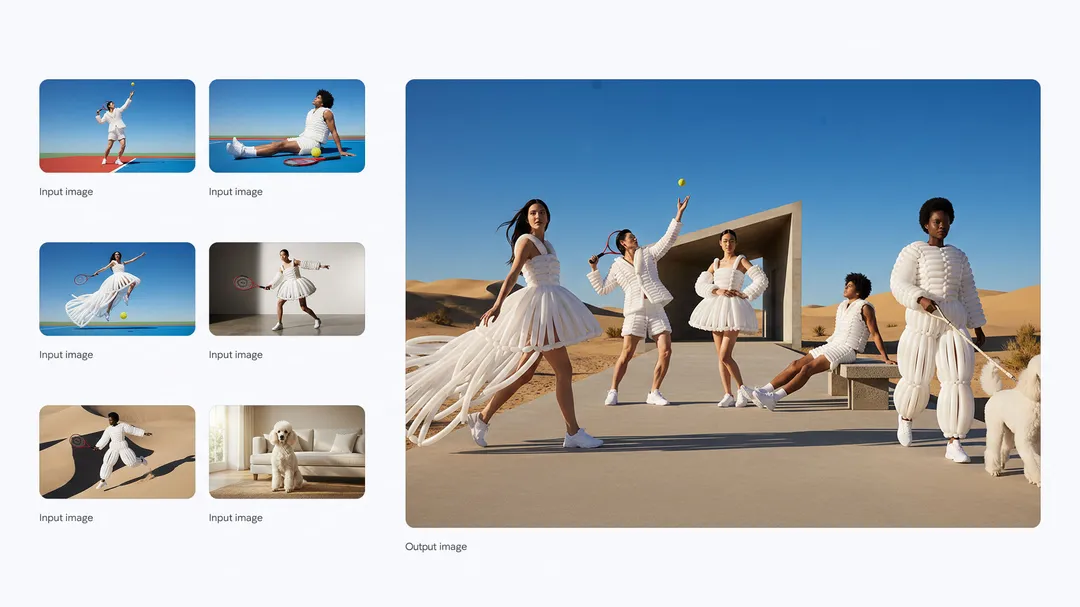 Put these five people and this dog into a single image, they should fit into a stunning award-winning shot in the style if [sic] a fashion editorial. The identity of all five people and their attire and the dog must stay consistent throughout but they can and should be seen from different angles and distances in [sic] as is most natural and suitable to the scene. Make the colour and lighting look natural on them all, they look like they naturally fit into this fashion show.