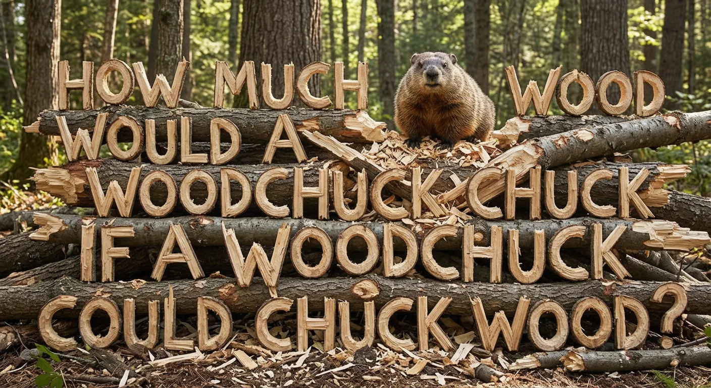 Create an image showing the phrase "How much wood would a woodchuck chuck if a woodchuck could chuck wood" made out of wood chucked by a woodchuck.